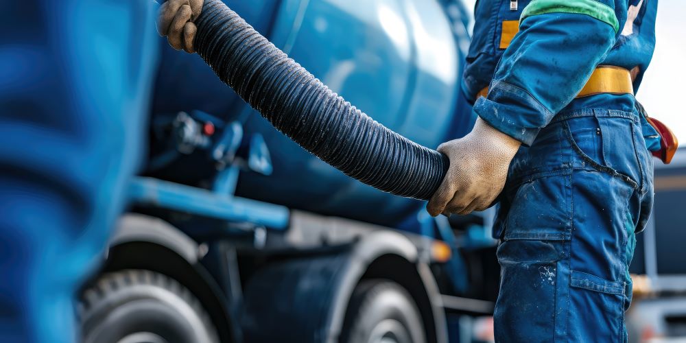 A man in blue overalls holds a hose, preparing for septic pumping.