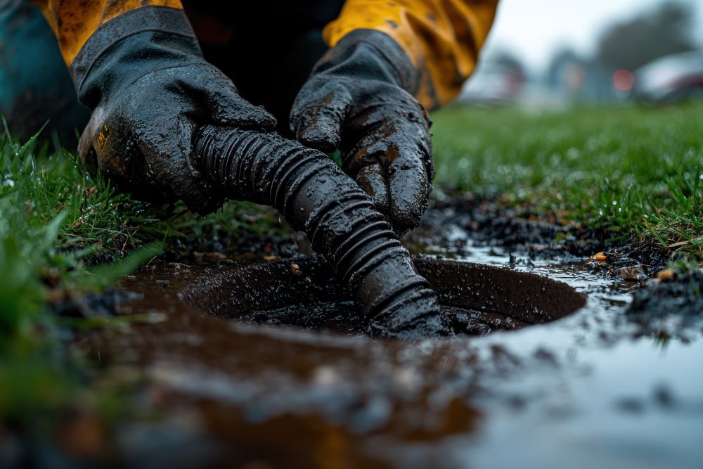 A man in rubber gloves works on a sewer, getting ready for septic pumping.