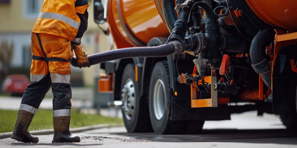 A man in an orange uniform stands beside a large truck, ready for work.